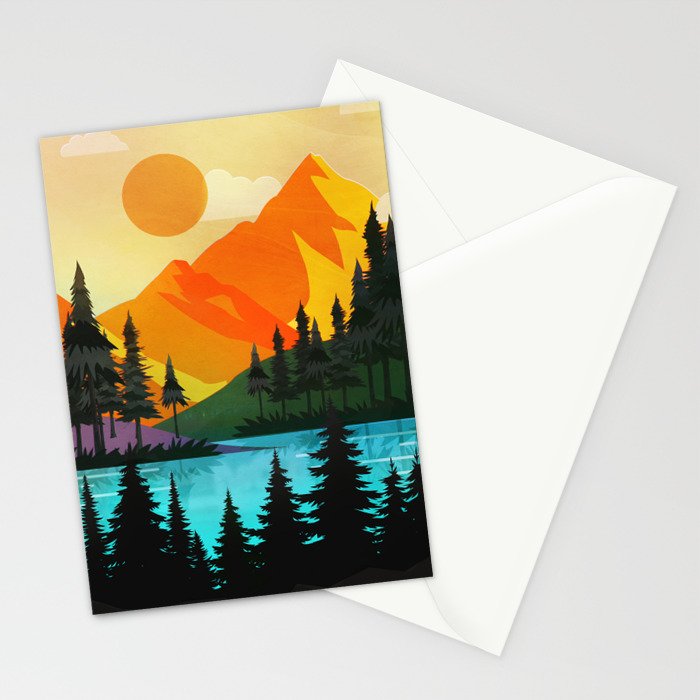 Colorful sunset near the peaceful forest lake Stationery Card Gallery Image 2