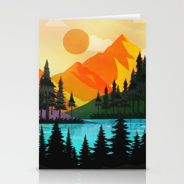 Colorful sunset near the peaceful forest lake Stationery Card Gallery Image 1