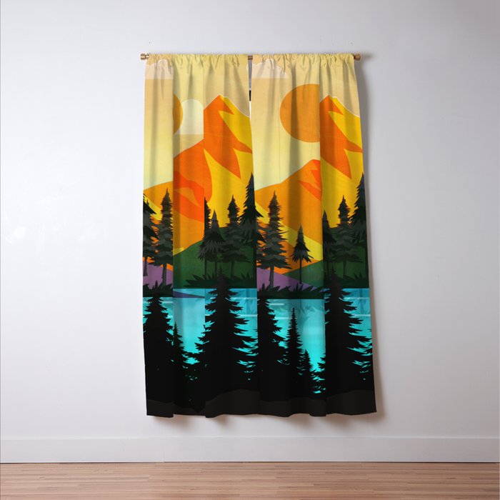 Colorful sunset near the peaceful forest lake Window Curtain Gallery Image 3