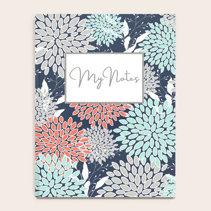 Floral Prints and Leaves, Navy, Aqua Coral and Gray Notebook Gallery Image 4