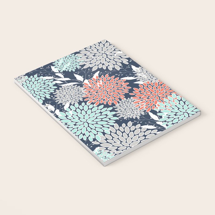Floral Prints and Leaves, Navy, Aqua Coral and Gray Notebook Gallery Image 3