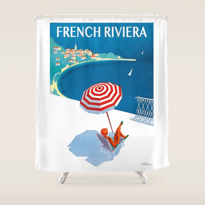 1954 FRENCH RIVIERA Travel Poster Shower Curtain Gallery Image 1
