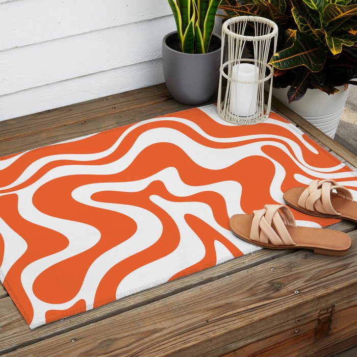 Liquid Swirl Retro Modern Abstract Pattern in Burnt Orange and White Outdoor Rug Gallery Image 2