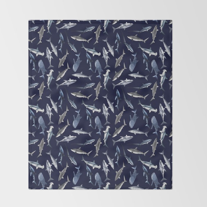 SHARKS PATTERN (NAVY BLUE) Throw Blanket Gallery Image 2