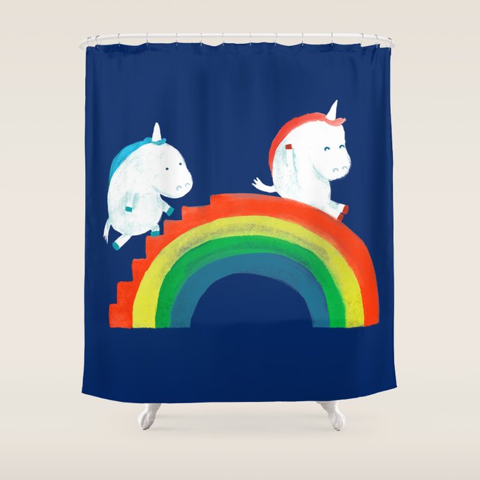 Unicorn on rainbow slide Shower Curtain Gallery Image 1