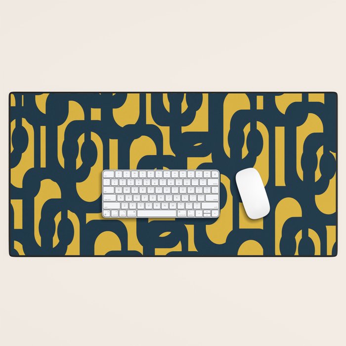 Mid Century Modern Loop Pattern in Navy Blue and Light Mustard Yellow Desk Mat Gallery Image 1