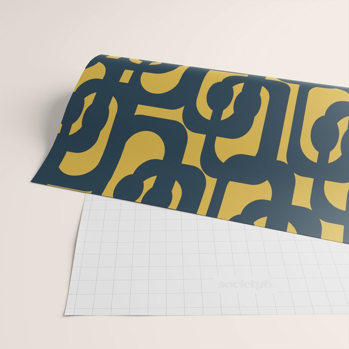 Mid Century Modern Loop Pattern in Navy Blue and Light Mustard Yellow Wrapping Paper Gallery Image 2