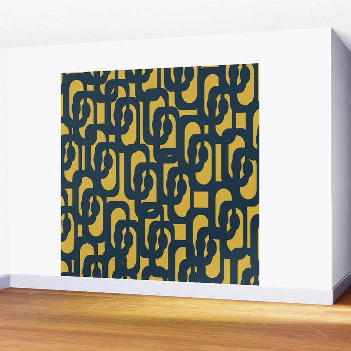 Mid Century Modern Loop Pattern in Navy Blue and Light Mustard Yellow Wall Mural Gallery Image 2