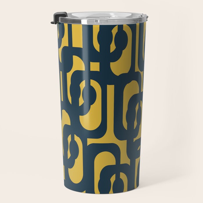 Mid Century Modern Loop Pattern in Navy Blue and Light Mustard Yellow Travel Mug Gallery Image 3