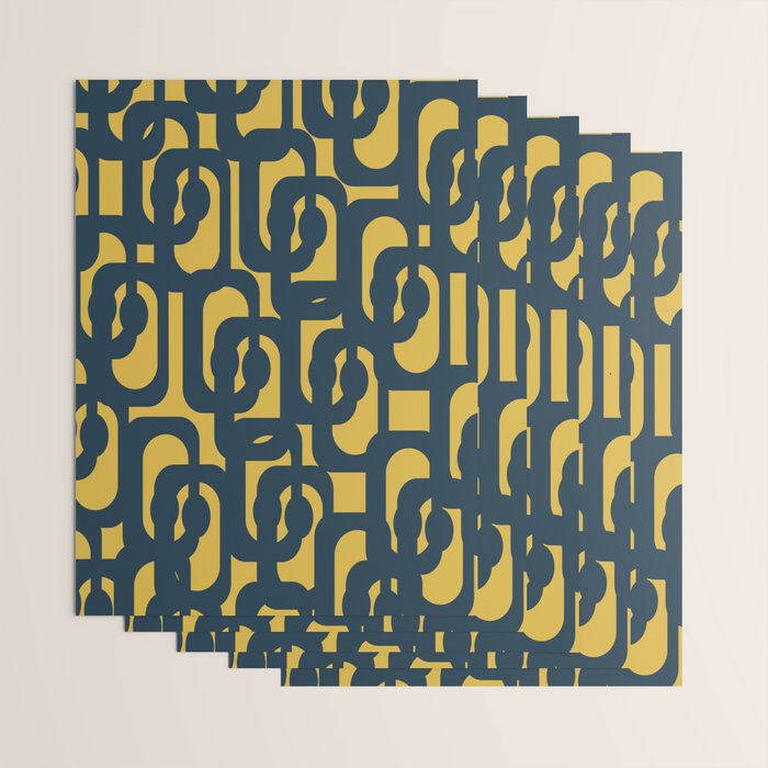 Mid Century Modern Loop Pattern in Navy Blue and Light Mustard Yellow Wrapping Paper Gallery Image 3
