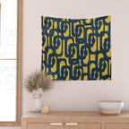 Mid Century Modern Loop Pattern in Navy Blue and Light Mustard Yellow Wall Tapestry Gallery Image 2