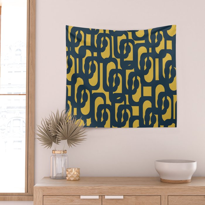 Mid Century Modern Loop Pattern in Navy Blue and Light Mustard Yellow Wall Tapestry Gallery Image 2