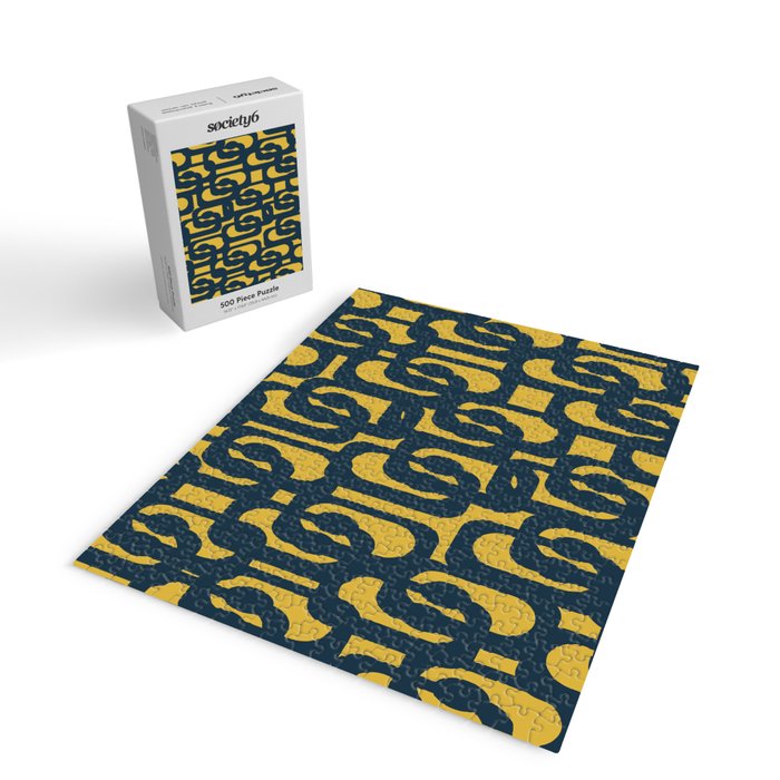 Mid Century Modern Loop Pattern in Navy Blue and Light Mustard Yellow Jigsaw Puzzle Gallery Image 2
