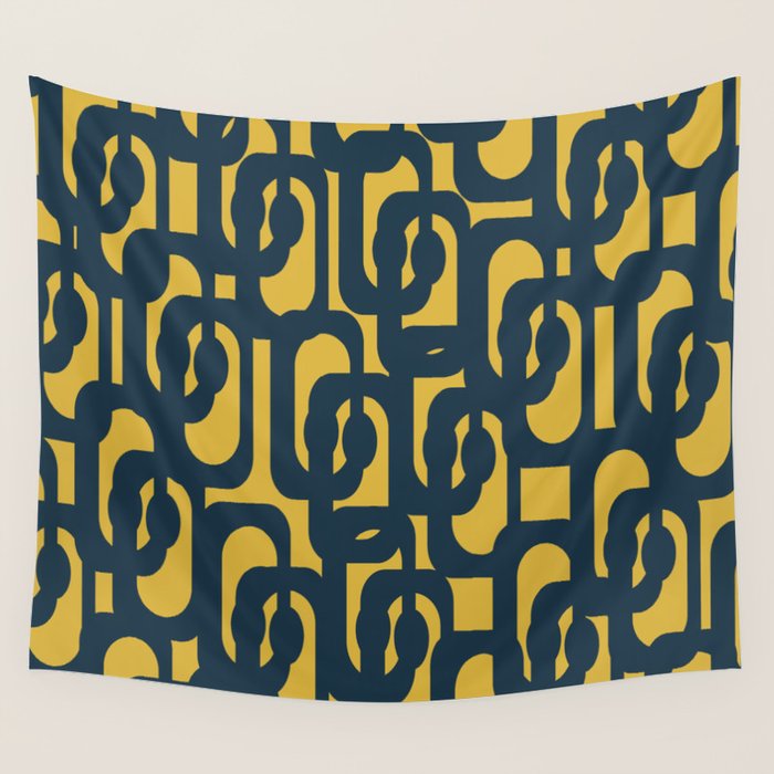 Mid Century Modern Loop Pattern in Navy Blue and Light Mustard Yellow Wall Tapestry Gallery Image 4