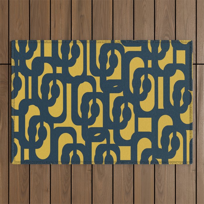 Mid Century Modern Loop Pattern in Navy Blue and Light Mustard Yellow Outdoor Rug Gallery Image 1