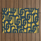 Mid Century Modern Loop Pattern in Navy Blue and Light Mustard Yellow Outdoor Rug Gallery Image 1