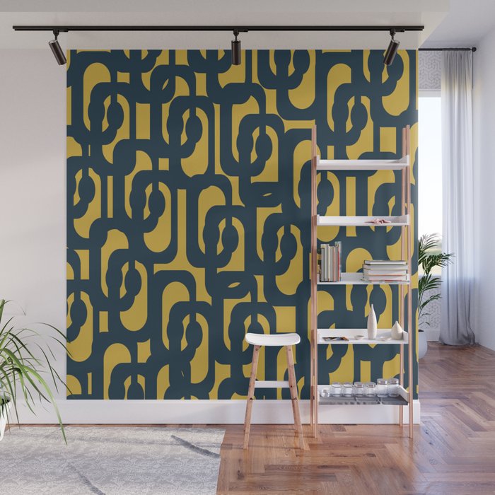 Mid Century Modern Loop Pattern in Navy Blue and Light Mustard Yellow Wall Mural Gallery Image 1