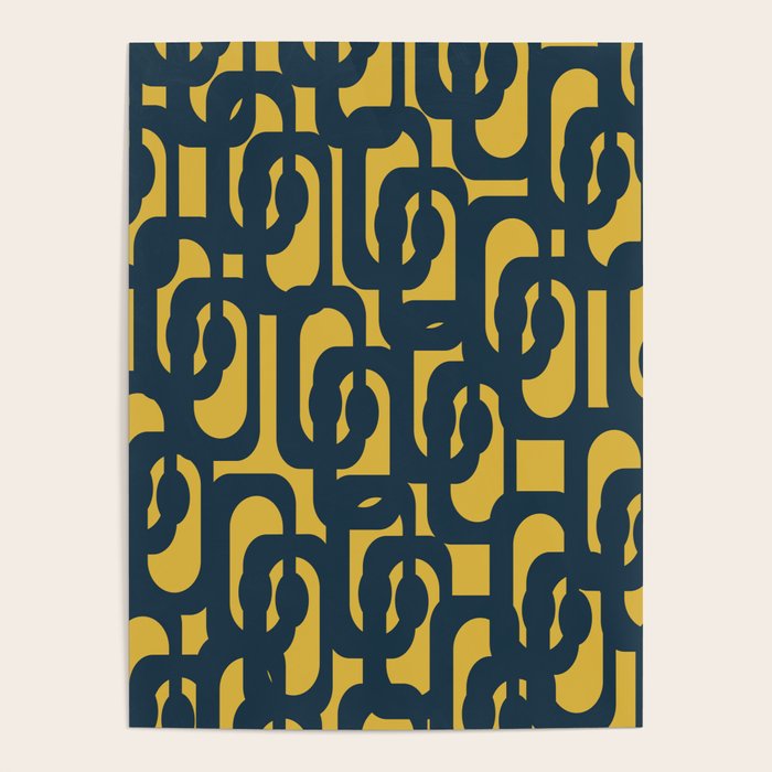 Mid Century Modern Loop Pattern in Navy Blue and Light Mustard Yellow Poster Gallery Image 1