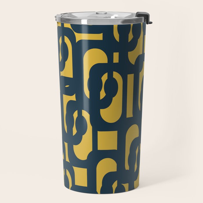 Mid Century Modern Loop Pattern in Navy Blue and Light Mustard Yellow Travel Mug Gallery Image 2