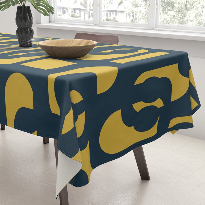 Mid Century Modern Loop Pattern in Navy Blue and Light Mustard Yellow Tablecloth Gallery Image 3