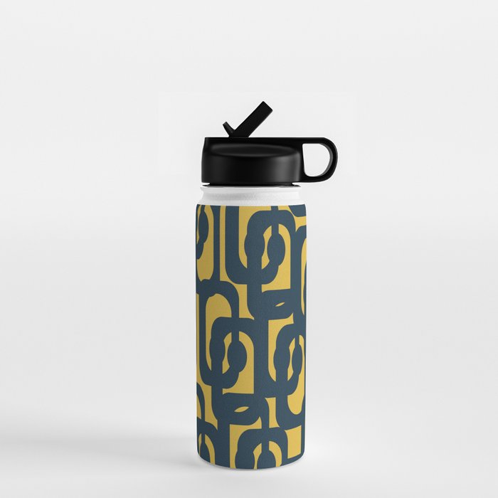 Mid Century Modern Loop Pattern in Navy Blue and Light Mustard Yellow Water Bottle Gallery Image 1