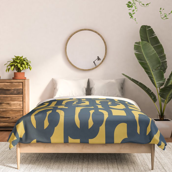 Mid Century Modern Loop Pattern in Navy Blue and Light Mustard Yellow Comforter Gallery Image 3
