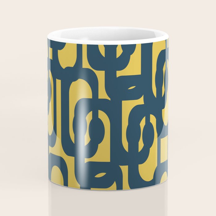 Mid Century Modern Loop Pattern in Navy Blue and Light Mustard Yellow Coffee Mug Gallery Image 4