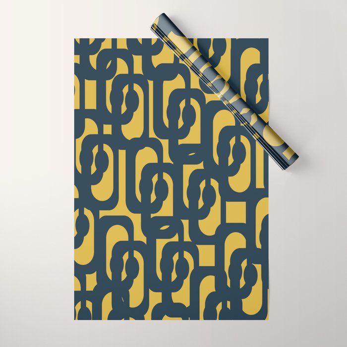 Mid Century Modern Loop Pattern in Navy Blue and Light Mustard Yellow Wrapping Paper Gallery Image 1