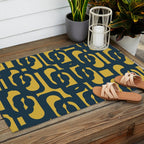 Mid Century Modern Loop Pattern in Navy Blue and Light Mustard Yellow Outdoor Rug Gallery Image 2