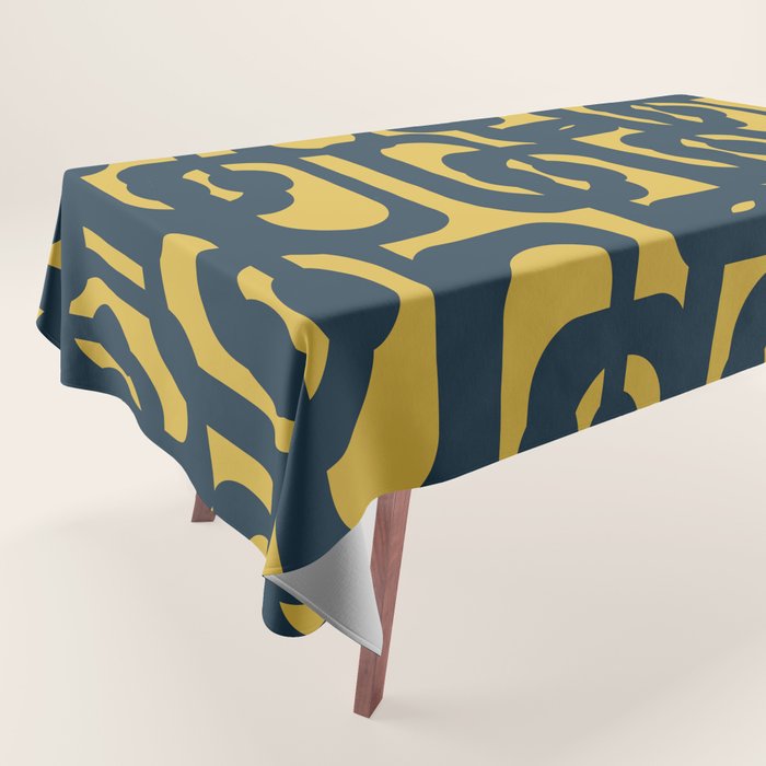 Mid Century Modern Loop Pattern in Navy Blue and Light Mustard Yellow Tablecloth Gallery Image 1