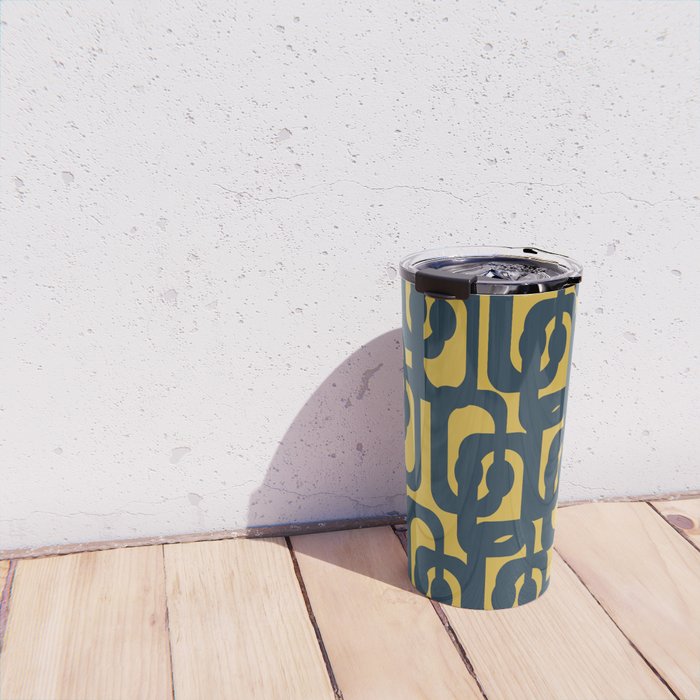 Mid Century Modern Loop Pattern in Navy Blue and Light Mustard Yellow Travel Mug Gallery Image 4