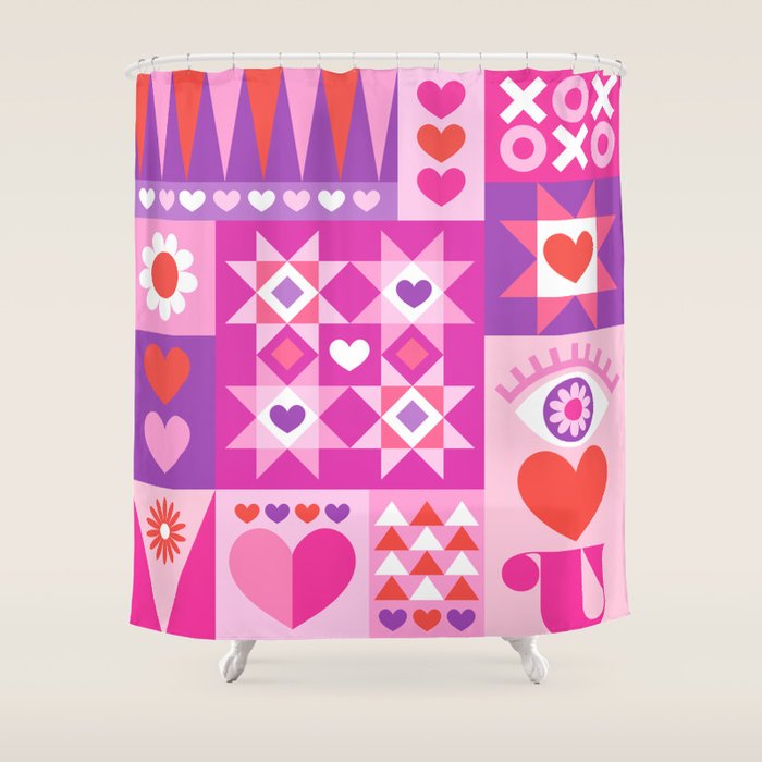 I Love You Checkerboard - Pink Red & Purple Shower Curtain Gallery Image 1