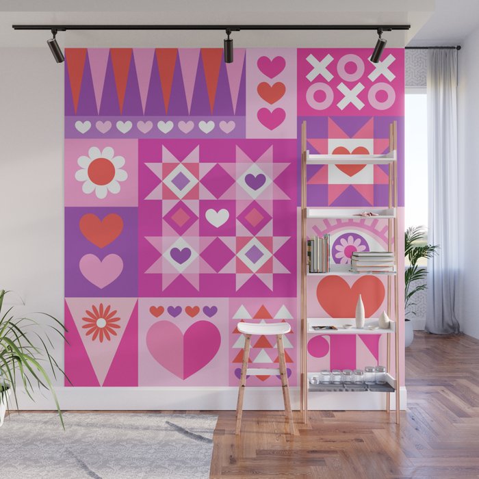 I Love You Checkerboard - Pink Red & Purple Wall Mural Gallery Image 1