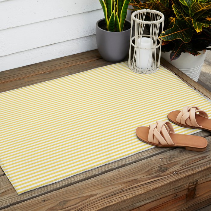 Fine Stripes Narrow Vertical Stripe Pattern in Butter Yellow and White Outdoor Rug Gallery Image 2