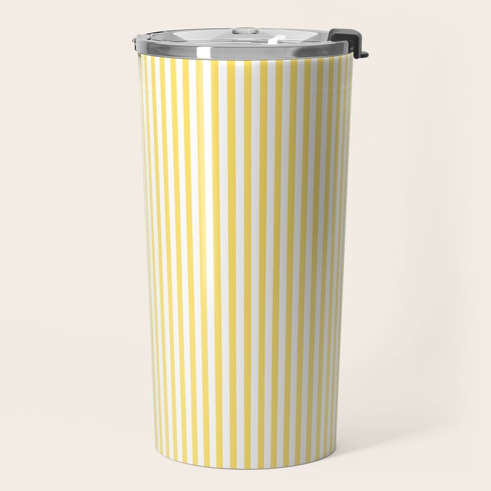 Fine Stripes Narrow Vertical Stripe Pattern in Butter Yellow and White Travel Mug Gallery Image 2