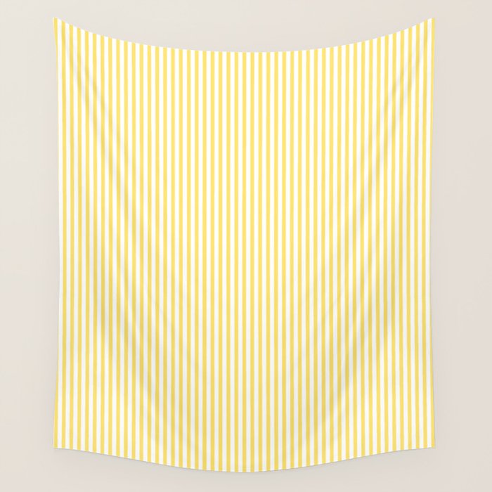 Fine Stripes Narrow Vertical Stripe Pattern in Butter Yellow and White Wall Tapestry Gallery Image 4