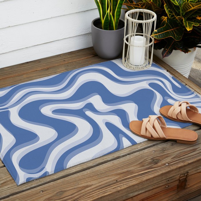 Trippy Glitch Blue Retro Liquid Swirl Abstract Pattern Outdoor Rug Gallery Image 2