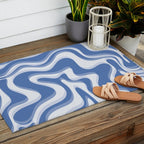 Trippy Glitch Blue Retro Liquid Swirl Abstract Pattern Outdoor Rug Gallery Image 2