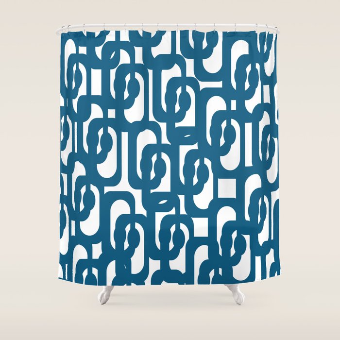 Mid Century Modern Contemporary Loop Pattern in Blue and White Shower Curtain Gallery Image 1