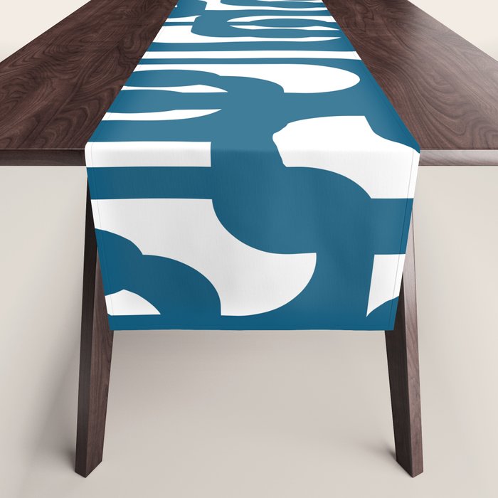 Mid Century Modern Contemporary Loop Pattern in Blue and White Table Runner Gallery Image 1