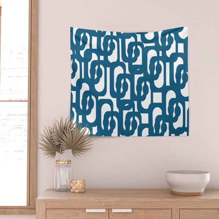 Mid Century Modern Contemporary Loop Pattern in Blue and White Wall Tapestry Gallery Image 2
