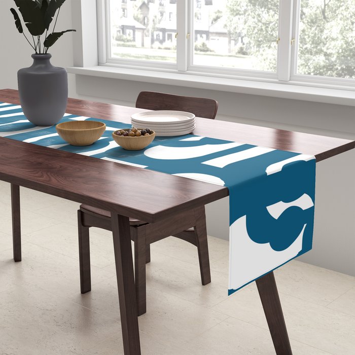 Mid Century Modern Contemporary Loop Pattern in Blue and White Table Runner Gallery Image 2