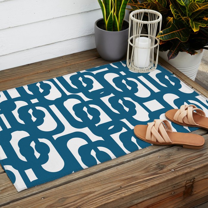 Mid Century Modern Contemporary Loop Pattern in Blue and White Outdoor Rug Gallery Image 2