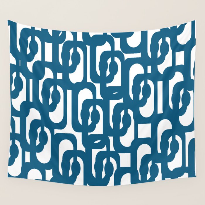 Mid Century Modern Contemporary Loop Pattern in Blue and White Wall Tapestry Gallery Image 1