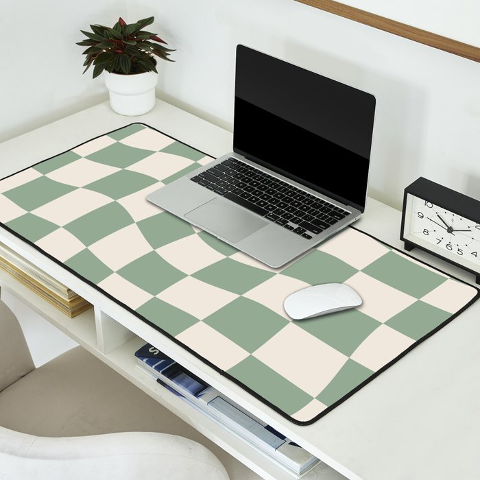 Sage Green Wavy Checkered Pattern Desk Mat Gallery Image 2