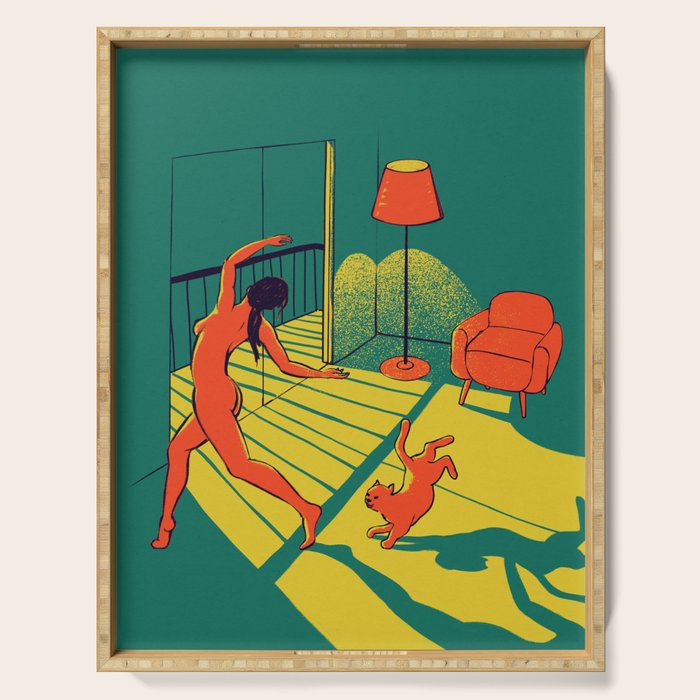 Dancing with the cat | Moody sunset light and shadows Aesthetic Green room Naked dance Femme Fatale  Serving Tray Gallery Image 1