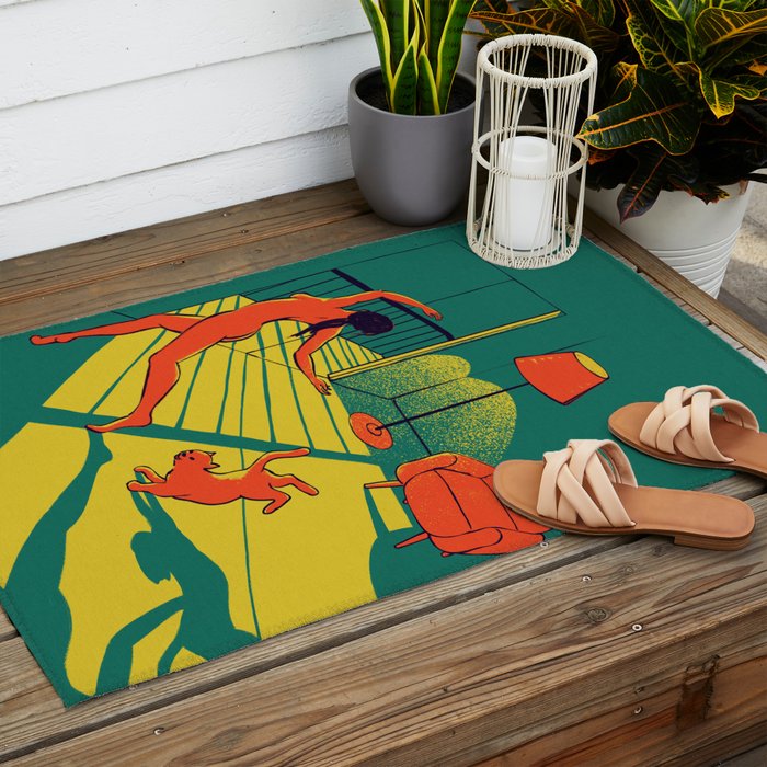 Dancing with the cat | Moody sunset light and shadows Aesthetic Green room Naked dance Femme Fatale  Outdoor Rug Gallery Image 2