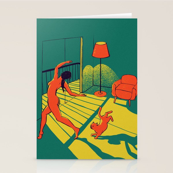 Dancing with the cat | Moody sunset light and shadows Aesthetic Green room Naked dance Femme Fatale  Stationery Card Gallery Image 1