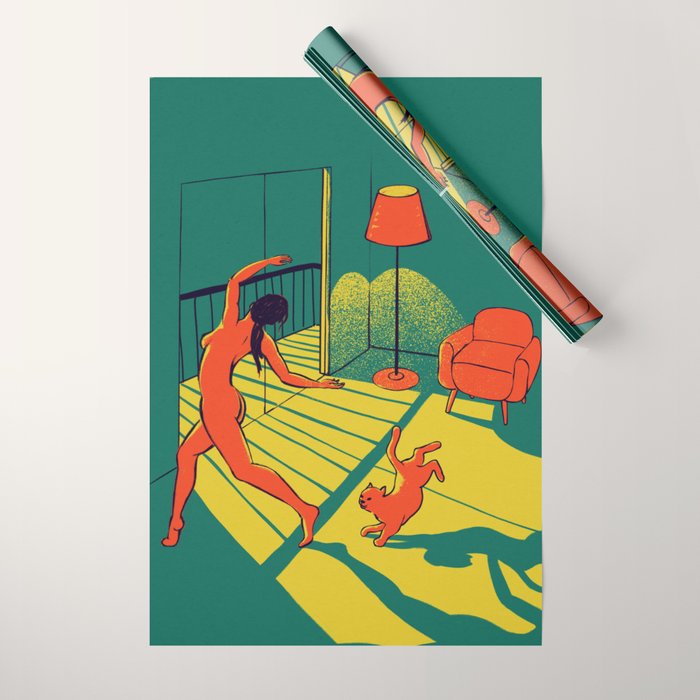 Dancing with the cat | Moody sunset light and shadows Aesthetic Green room Naked dance Femme Fatale  Wrapping Paper Gallery Image 1