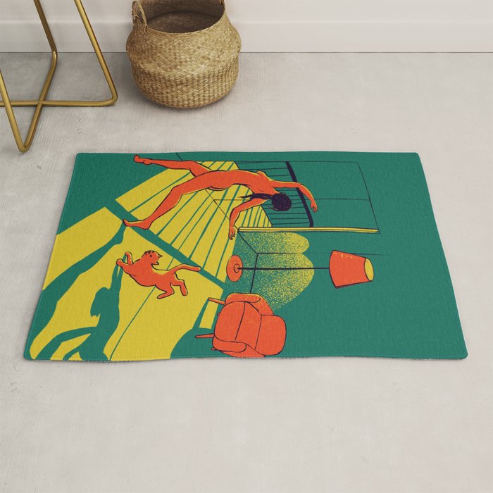 Dancing with the cat | Moody sunset light and shadows Aesthetic Green room Naked dance Femme Fatale  Rug Gallery Image 1